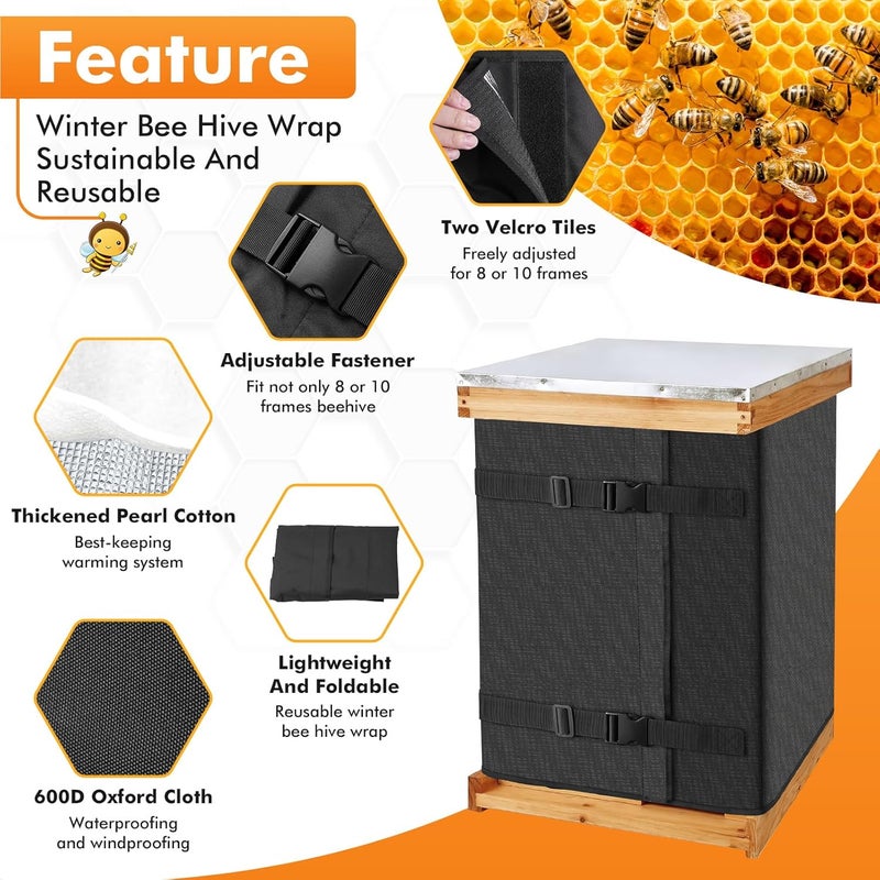 LeadGoods Winter Bee Hive Wrap for 8 and 10 Frame Hives, Adjustable Beehive Wrap Beekeeping Supplies, 600D Oxford Insulated Cover, Waterproof, Windproof, Lightweight, Reusable, 75.98" x 23.6" (2 Pcs) - Image 2